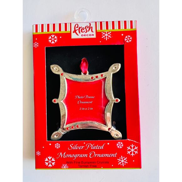 Fresh Decor Silver Plated Photo Frame Ornament 2x2 Red Crystals NIB - Picture 1 of 4